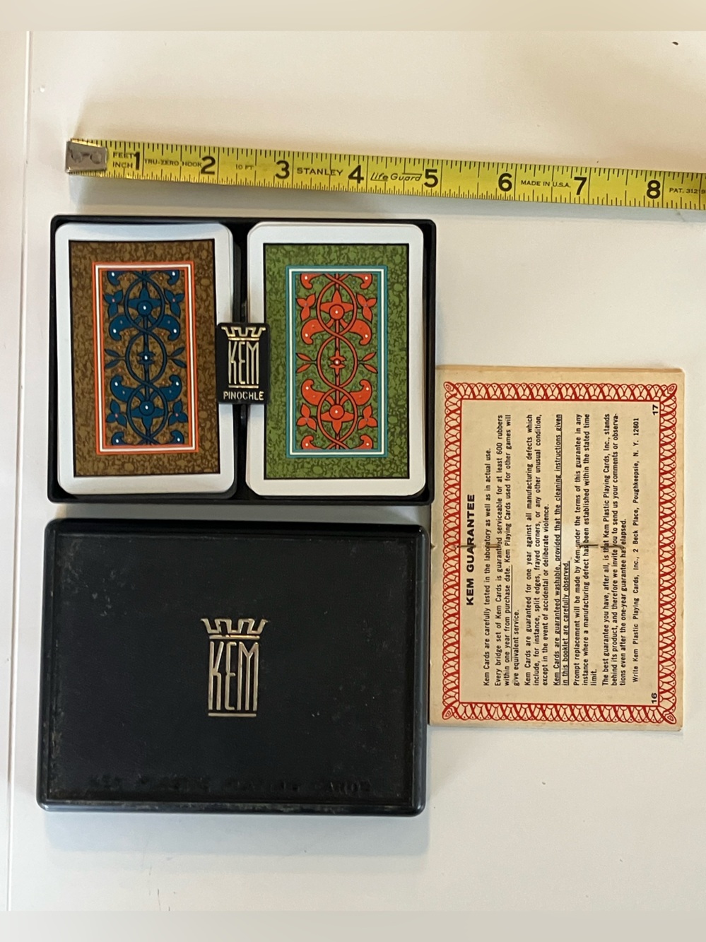 KEM Pinochle Card Set with Case - Blue & Green Card Backs